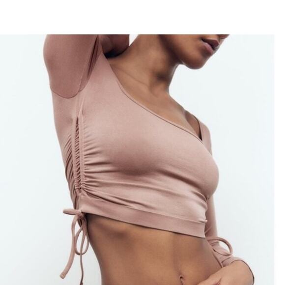 Zara Taupe Ruched Long Sleeve Tee - Picture 2 of 10